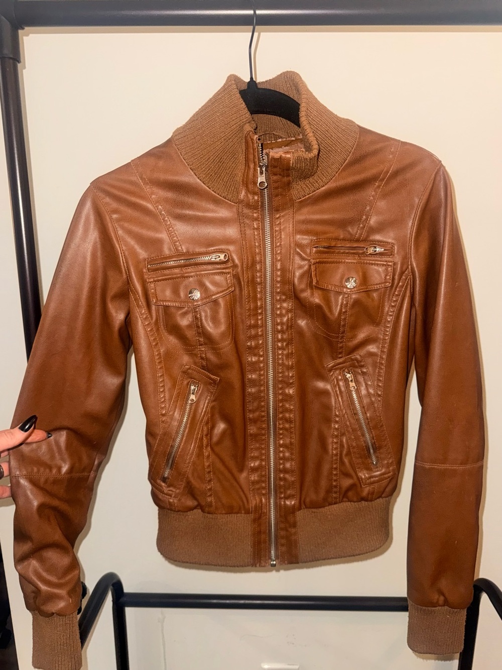 Miss London Brown Leather Bomber Jacket